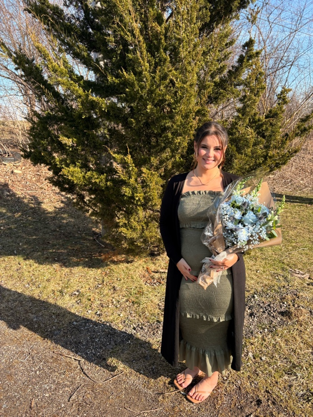Mable Daphne Smocked Satin Tiered Fitted Midi Dress in Olive Green Size Large